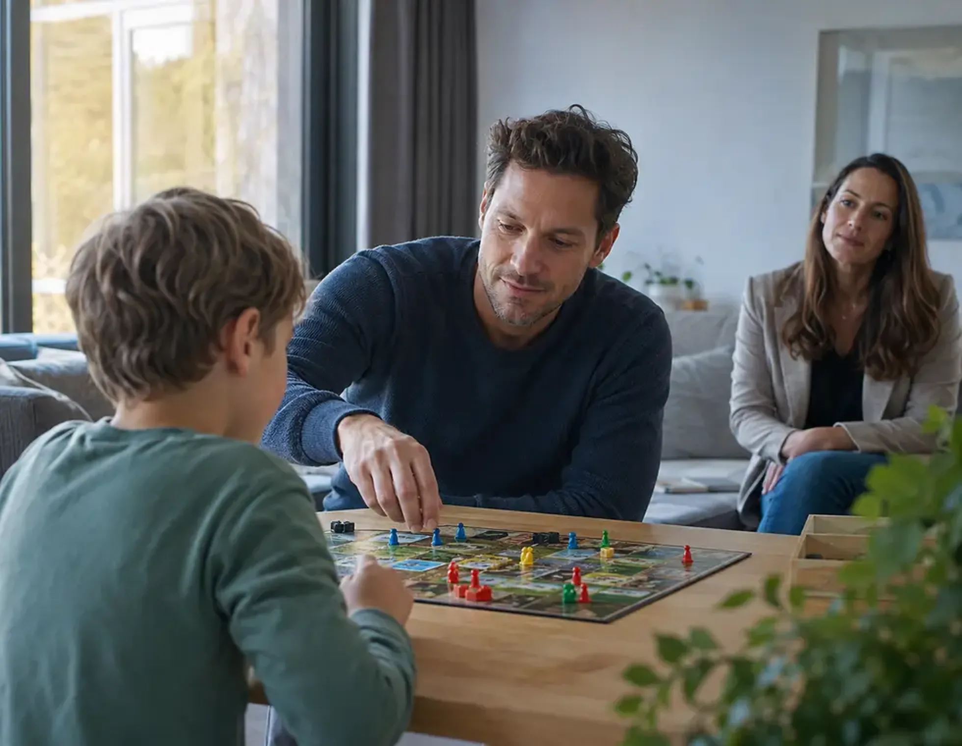Een ouder en kind spelen samen een spel, met een begeleider die rustig toezicht houdt