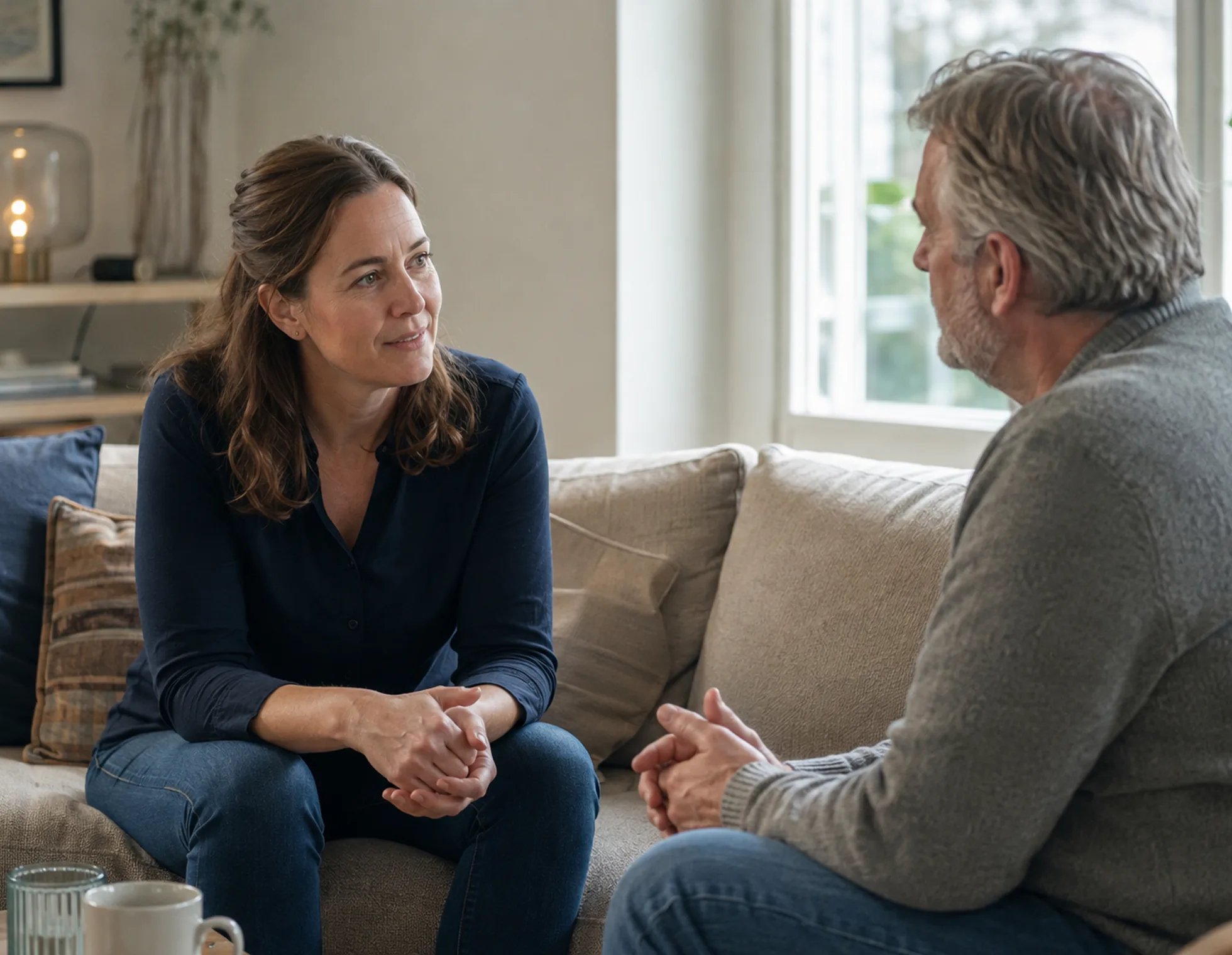 Een zorgprofessional en een cliënt in een persoonlijk gesprek op de bank