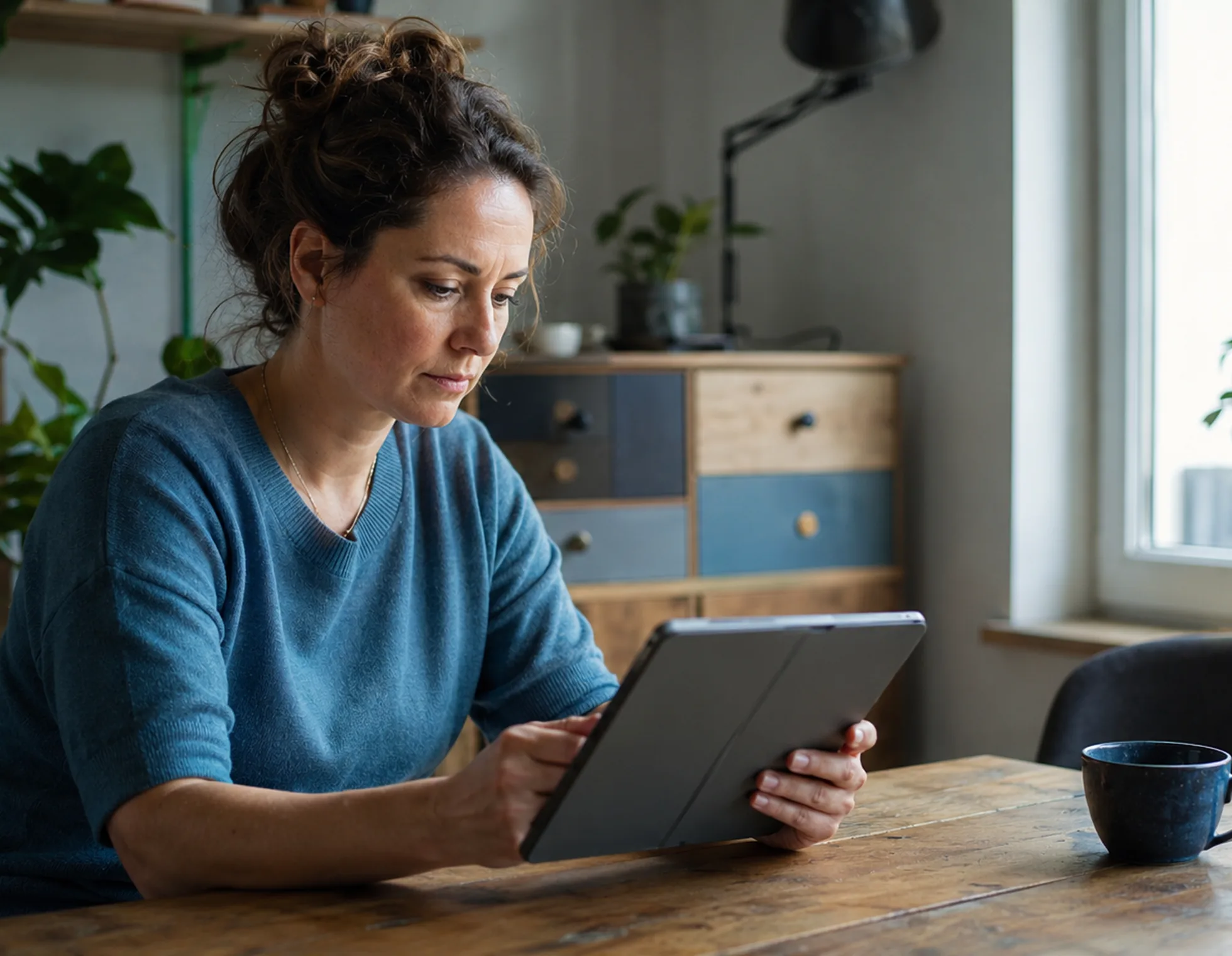 Een zorgprofessional leest een nieuwsbericht op een tablet