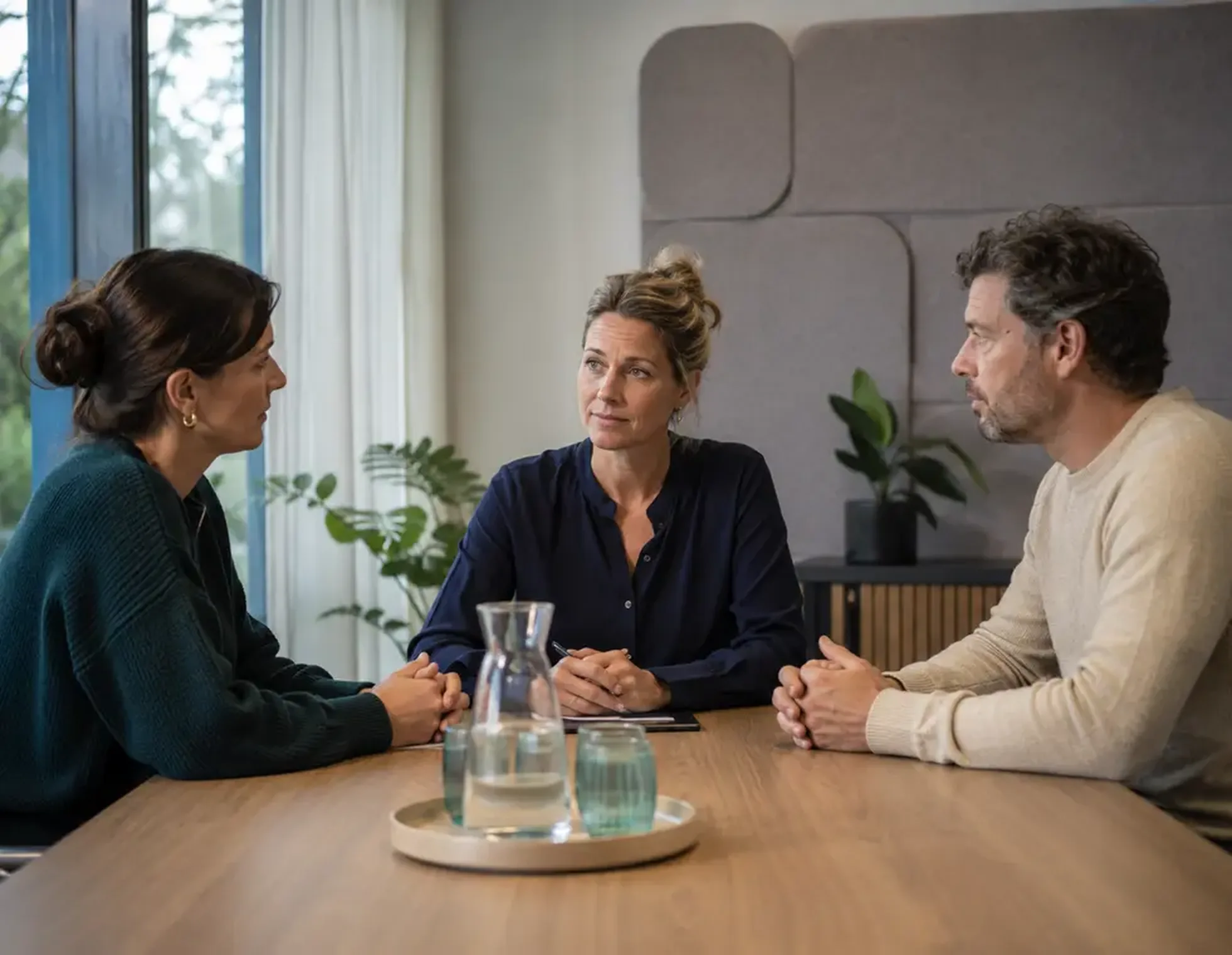 Twee ouders in gesprek met een bemiddelaar van Vooruit met Zorg