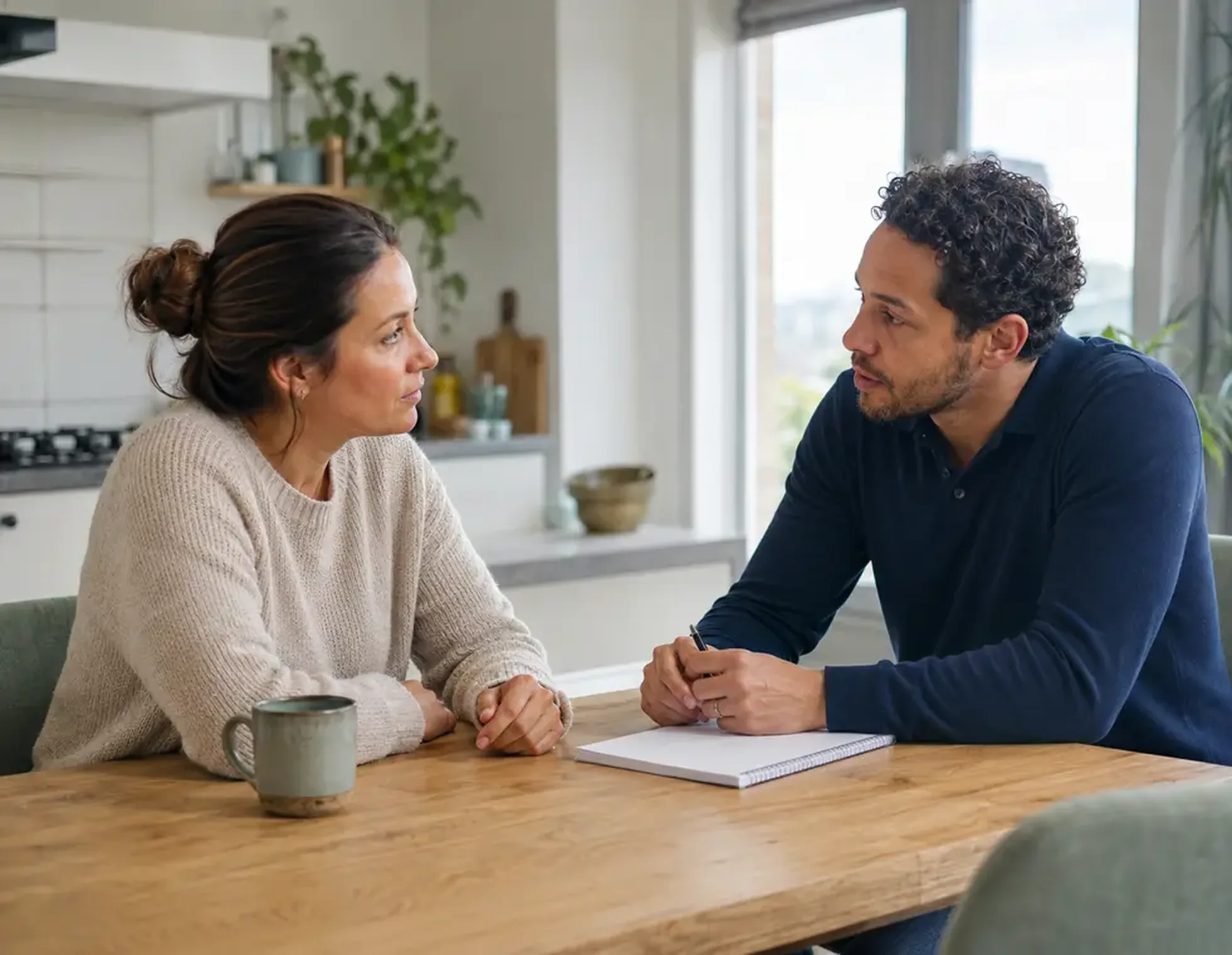 Een ouder in gesprek met een begeleider over de opvoedafspraken